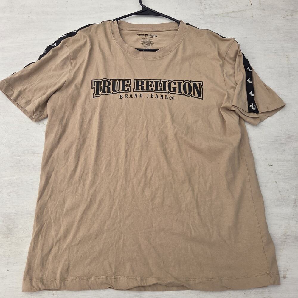True Religion Men's L Beige Cotton Logo Graphic Crew Neck Short Sleeve Tee